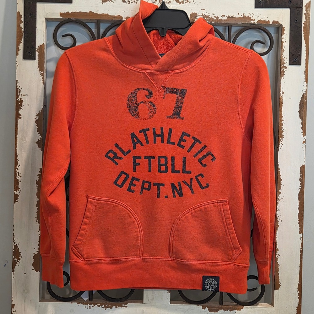 Polo Ralph Lauren Boys Orange 67 RL Athletic Football Hoodie Sweatshirt Size S 8
